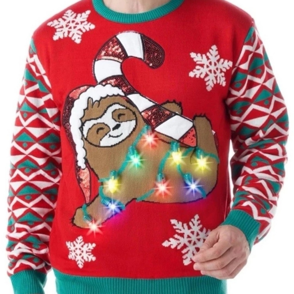 Giggling Getup LED Ugly Christmas Sweater Sloth Light Up XL NWT